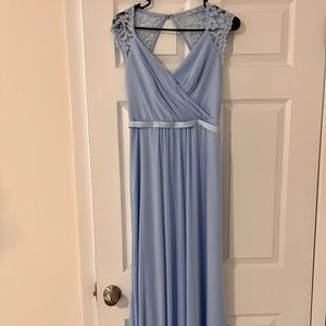 David’s bridal bridesmaid dress ice blue LONG MESH DRESS WITH LACE CAP SLEEVES